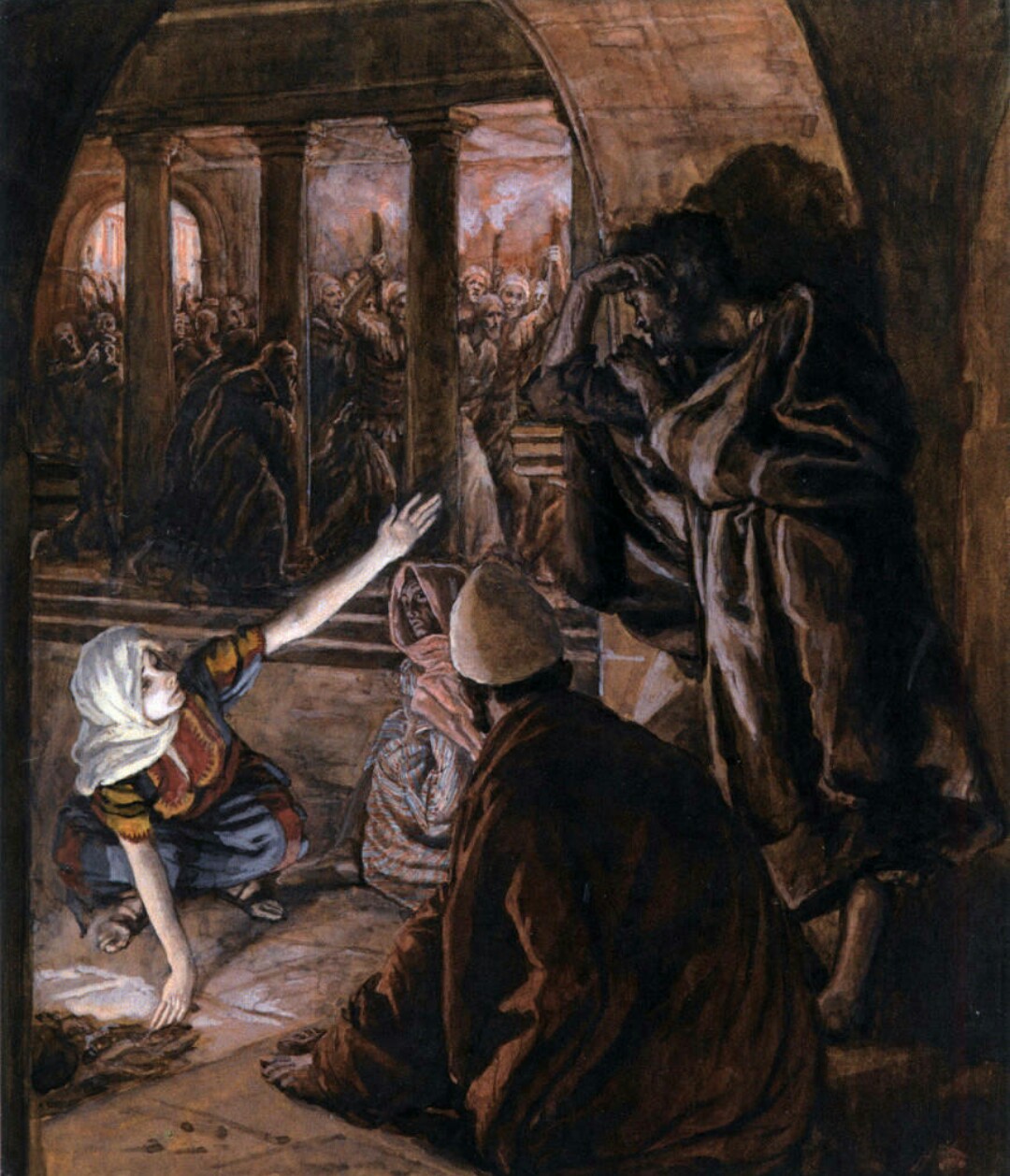 James Tissot (French, 1836-1902). The Third Denial of Peter. Jesus' Look of Reproach (Le troisième reniement de Saint Pierre. Le regard de reproche de Jésus)., 1886-1894. Opaque watercolor over graphite on gray wove paper, Image: 9 3/16 x 7 13/16 in. (23.3 x 19.8 cm). Brooklyn Museum, Purchased by public subscription