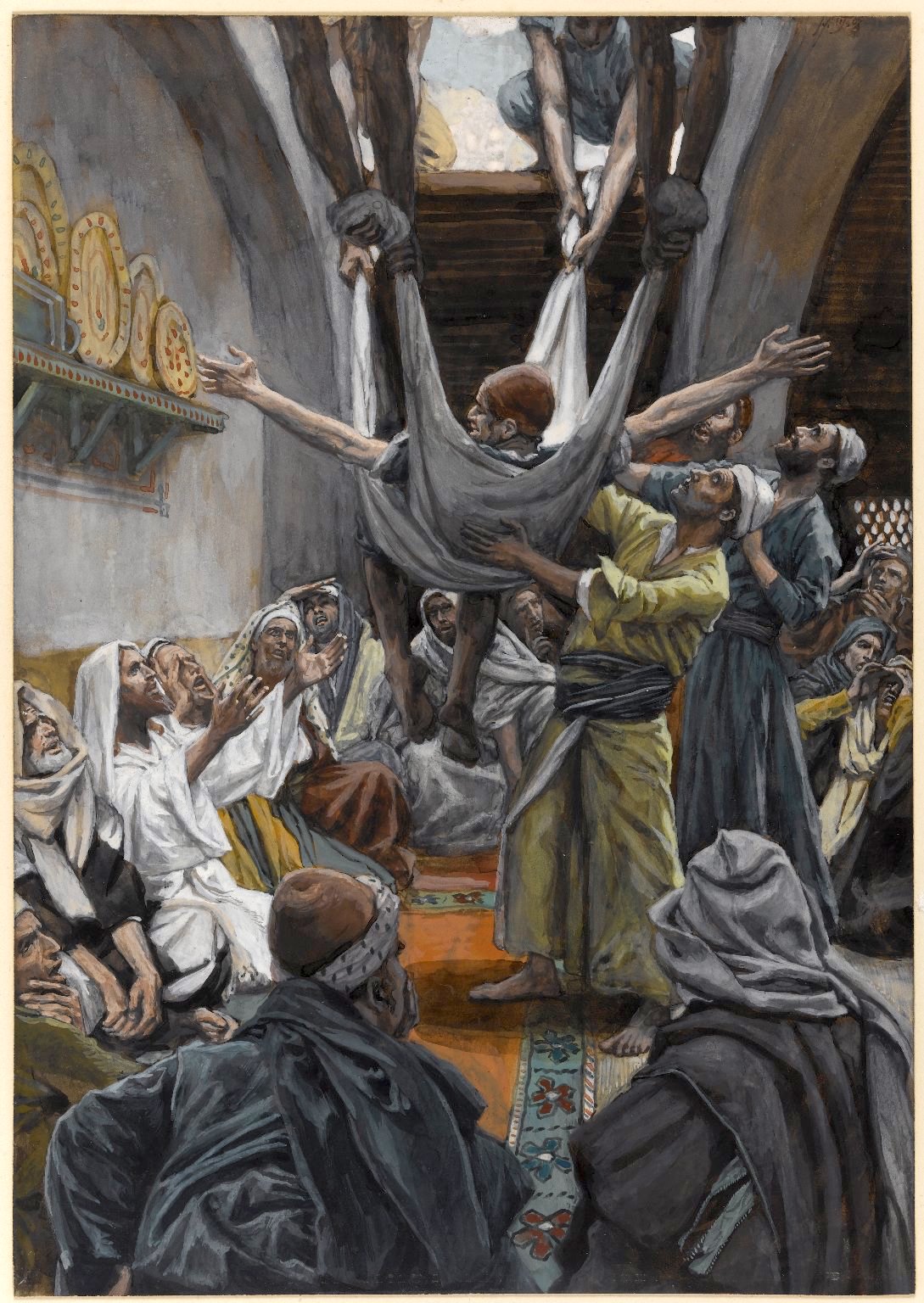 그림: "지붕을 뜯고 중풍병자를 내리다", James Tissot